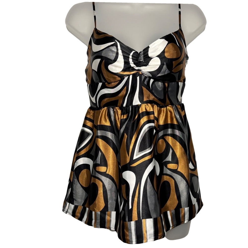 Retro‎ Swirl Print Satin Babydoll Camisole Feminine Abstract Groovy Sz Small